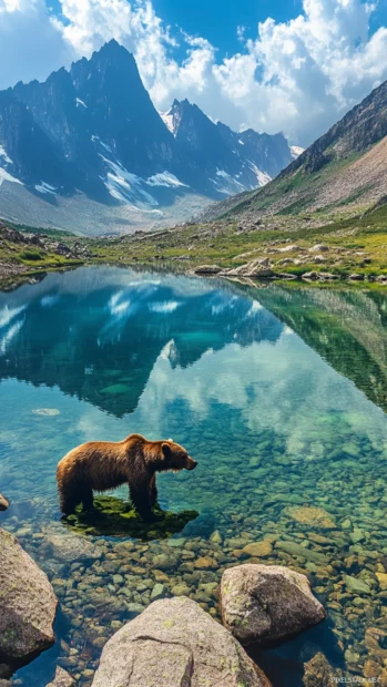 Brown bear drinking from a crystal clear pond in a mountain valley.