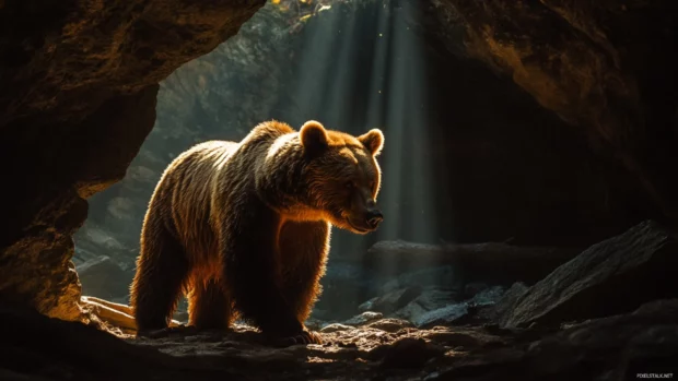 Brown bear emerging from a cave with light falling on its back.