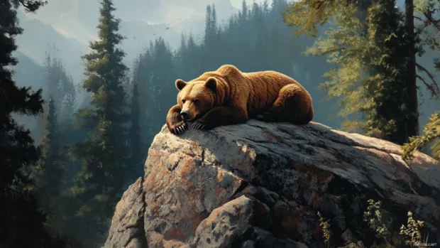 Brown bear resting peacefully on a large rock surrounded by pine trees.