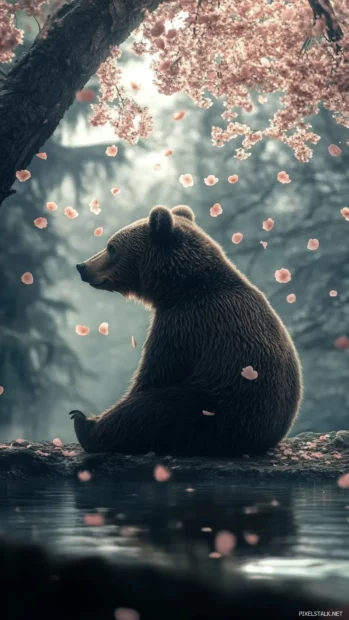 Brown bear sitting under falling cherry blossoms near a river.