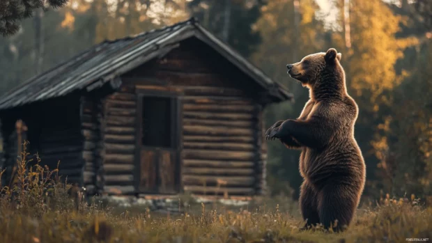 Brown bear standing on hind legs near a wooden cabin in the wilderness.