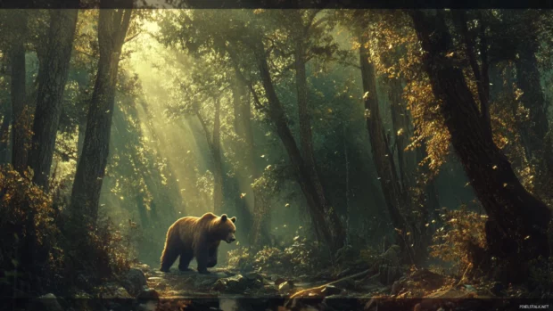 Brown bear wallpaper capturing a cool brown bear walking through a dense forest with sunlight filtering through the trees.