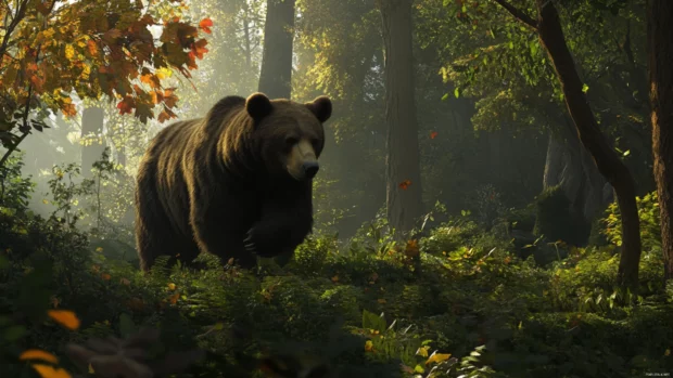 Brown bear wallpaper capturing a realistic bear in a lush green forest during autumn.