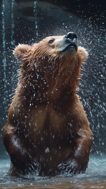 Brown bear with wet fur shaking off water in slow motion effect.