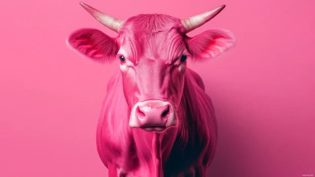 Build a bold desktop statement using modern pink cow design paired with vivid color contrasts.