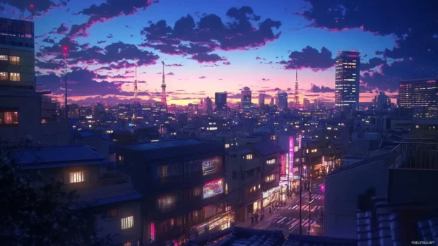 Bustling Japanese cityscape with neon lights anime PC wallpaper.