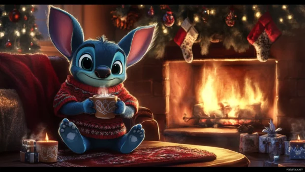 By a warm fireplace, Stitch sips hot cocoa wearing a cozy Christmas sweater.