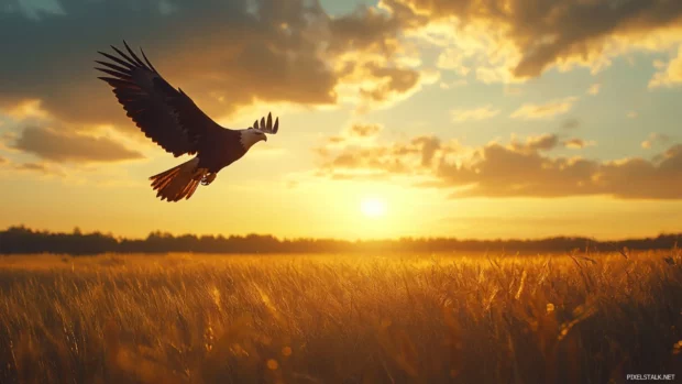 Calm dusk atmosphere with an American eagle flying low over fields.
