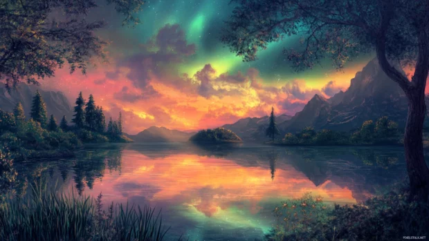 Calm lake reflecting the aurora borealis 2560x1440 wallpaper creating a magical natural scene.