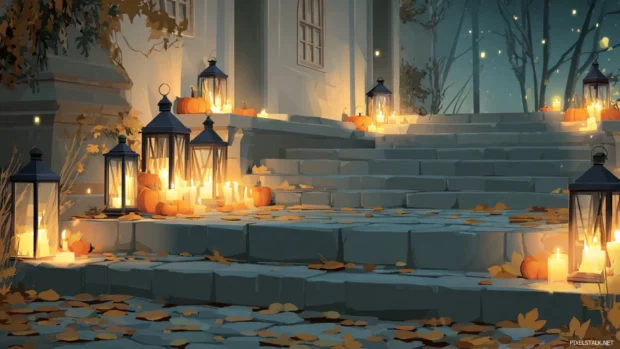 Candlelight Thanksgiving wallpaper illustrating softly lit lanterns and candles on leaf strewn steps during evening harvest celebrationFall and Thanksgiving theme featuring a cozy dinne.