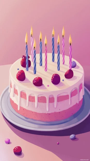Candlelit birthday cake in aesthetic setting with soft shadows.
