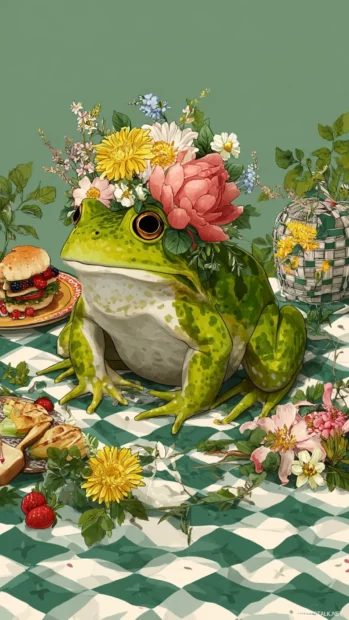 Cartoon Aesthetic Frog with flower crown posing on a picnic blanket, checkered background and food details.