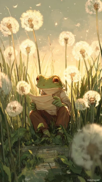 Cartoon Frog Phone Wallpaper of a frog reading a letter in a field of dandelions with soft outlines.