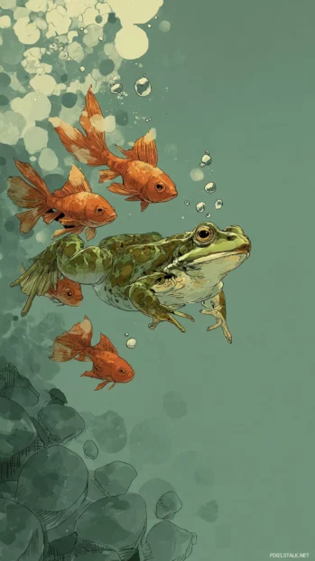 Cartoon Frog Phone Wallpaper showing a frog swimming with goldfish in a stylized underwater world.