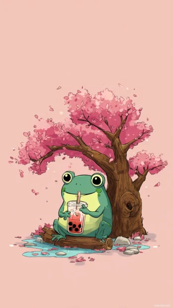 Cartoon Frog Phone Wallpaper with a cute frog enjoying a boba tea under a cherry blossom tree.