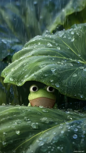 Cartoon Frog Phone Wallpaper with a frog hiding under a giant leaf from soft cartoon raindrops.
