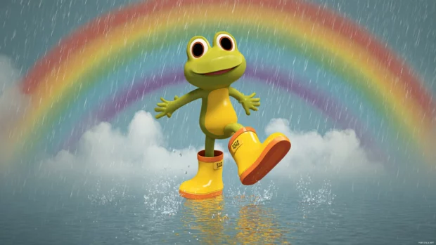 Cartoon Froggy jumping in rain puddles with rubber boots and a bright rainbow in the background.