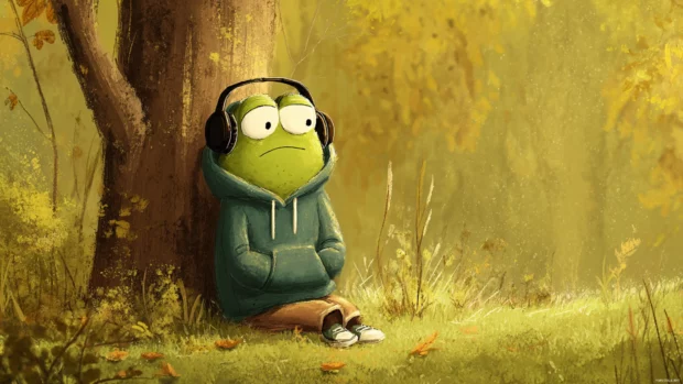 Cartoon Froggy wearing a hoodie and listening to music, leaning against a tree in early autumn.