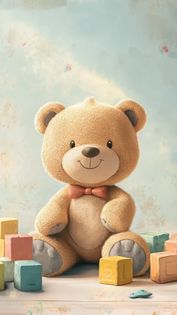 Cartoon Teddy Bear and toy blocks with a soft color backdrop.