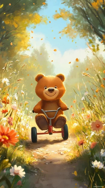 Cartoon bear iPhone wallpaper featuring a bear riding a tricycle down a sunny meadow trail with flowers around.