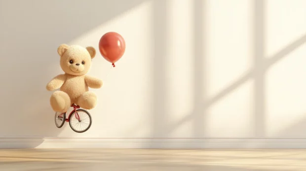 Cartoon bear wallpaper depicting a playful teddy bear riding a unicycle on a clean light beige floor with no clutter.