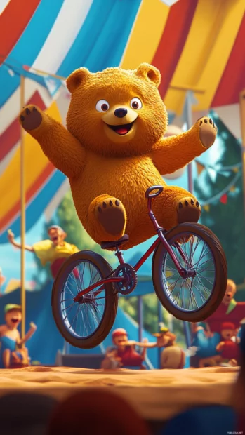 Cartoon bear wallpaper displaying a playful bear riding a unicycle in a colorful circus setting.