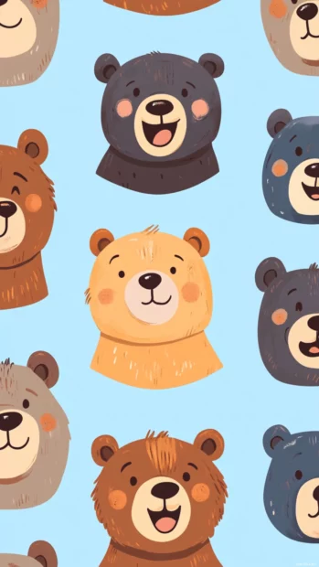 Cartoon bear wallpaper presenting a grid of playful bear faces with various expressions on a light blue background.