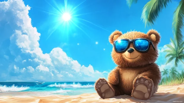 Cartoon bear wallpaper showcasing a cool bear character with sunglasses on a sunny beach background.