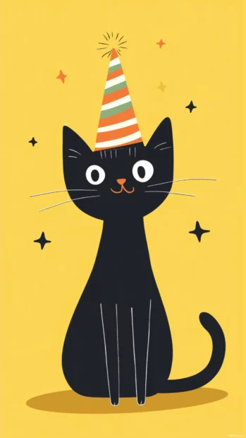 Cartoon birthday with cat wearing a party hat.