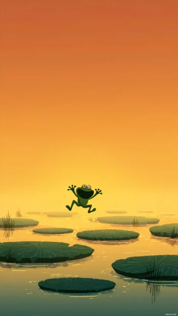 Cartoon frog phone wallpaper depicting a playful frog jumping between lily pads against a gradient sunrise sky.