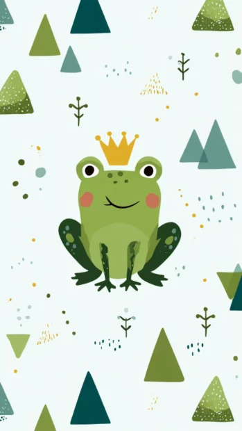 Cartoon frog wallpaper in flat design featuring a frog wearing a tiny crown amid minimal geometric shapes.