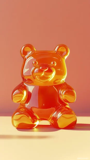 Cartoon gummy bear surrounded by soft tones and negative space.