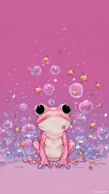 Cartoon style Aesthetic Frog blowing bubbles shaped like stars, gentle pink to purple gradient.