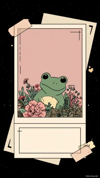 Cartoon style Aesthetic Frog inside a photo frame with polaroid borders and sticker details.