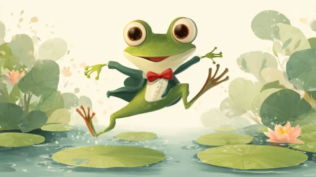 Cartoon style Cute Frog with big eyes and a bowtie jumping happily across lily pads, bright and playful background.