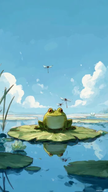 Cartoon style Frog Phone Wallpaper showing a frog lying on a lily pad under a clear sky with dragonflies.