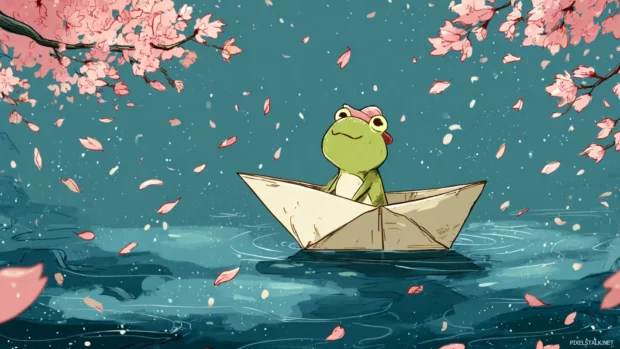 Cartoon style Froggy riding a paper boat down a gentle stream with falling sakura petals.