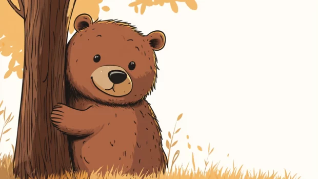 Cartoon style cool bear leaning against a tree with solid background.