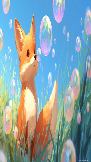 Cartoon style illustration of a Cute Fox blowing bubbles in a meadow, vibrant colors, cheerful atmosphere, blue sky background.