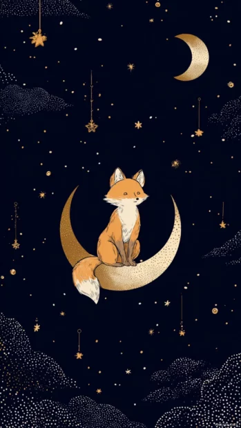 Celestial theme with a Cute Fox sitting on the moon, stars twinkling around, dreamy and gentle nighttime design.