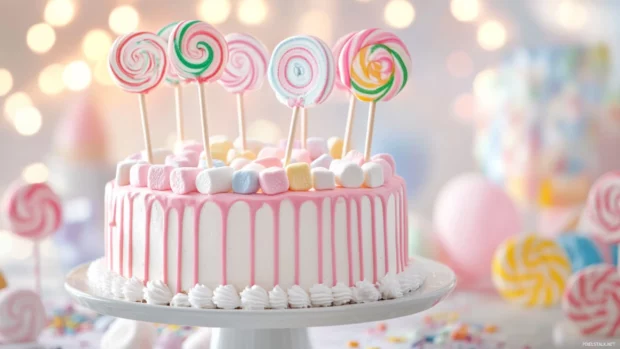 Charming Birthday Cake decorated with marshmallows and lollipops.