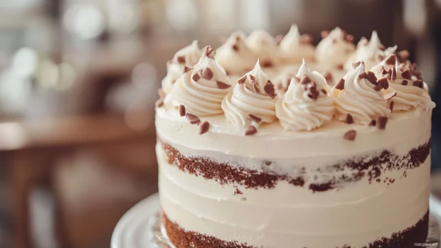 Charming Birthday Cake with layered sponge and whipped cream accents.