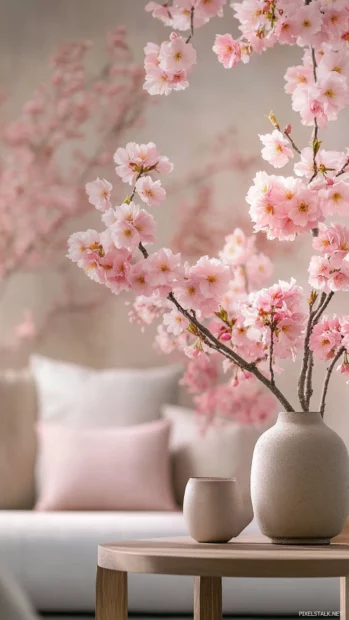 Charming Japanese cherry blossom wallpaper with close up floral details and soft light.