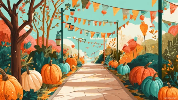Charming fall path lined with Thanksgiving signs, pumpkins, and colorful garlands blowing in the breeze.