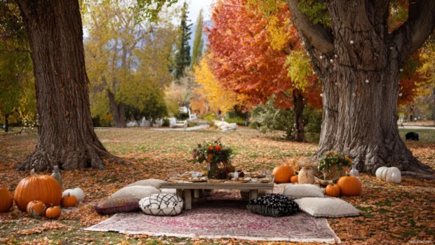 Charming fall picnic setup with pumpkins, fallen leaves, and soft blankets under colorful trees.