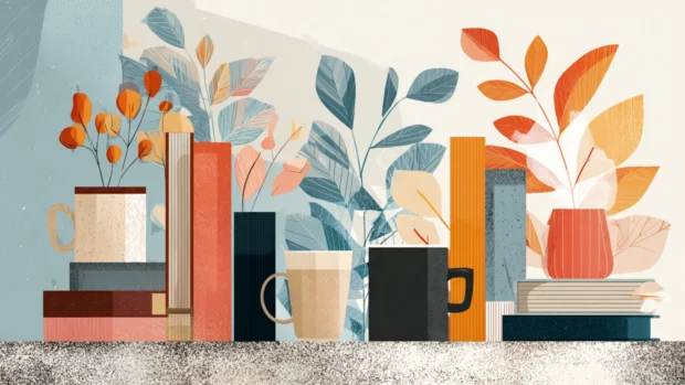 Charming preppy Fall composition of simple geometric leaves, stacked books, and coffee mugs.