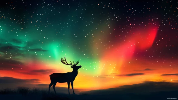 Charming reindeer silhouette against a colorful aurora borealis sky.