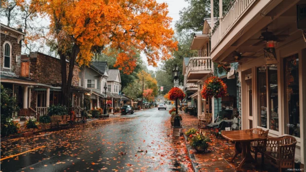 Charming streets lined with fall colored trees, cozy cafes, and scattered leaves, perfect for Macbook users who love autumn vibes.