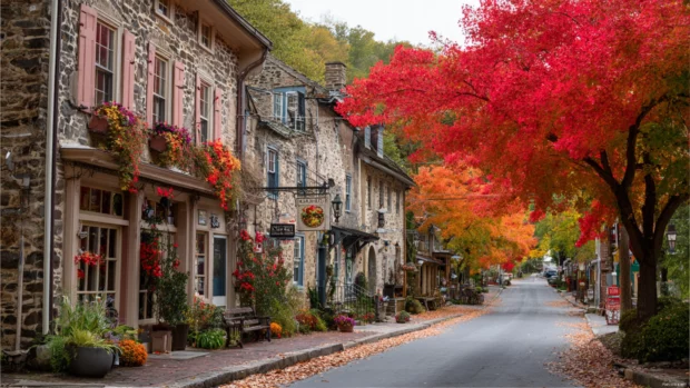 Charming village street lined with fall trees showcasing vivid foliage and leaves gently falling.