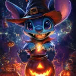 Cheerful Halloween Stitch wallpaper featuring magic spells and glowing potions.
